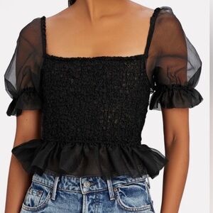 STAUD Cannon Smocked Organza Puff Sleeve Top – Black Size XS